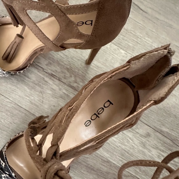 BEBE Lea Tassel Tie Faux Suede Open Toe High Heels Tan Size 8 - Picture 7 of 11